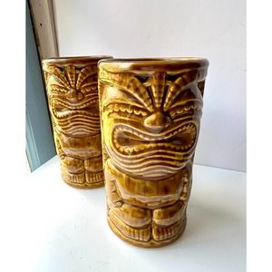 Ceramic Tiki Mug Set Germaine's Luau Hawaii 2010 Golden Caramel Brown 16 Ounces